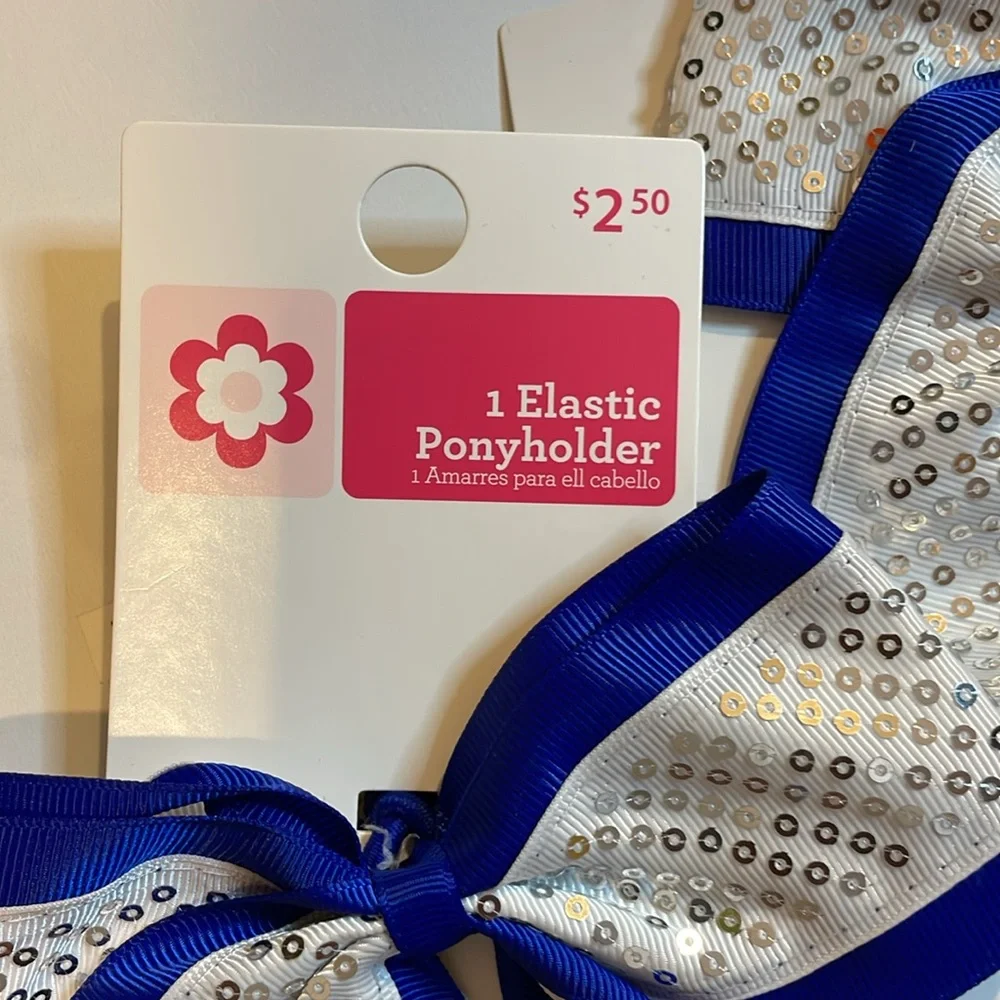 Girls Cheerleader elastic ponytail holder 3 pk Silver sequin Cobalt blue…